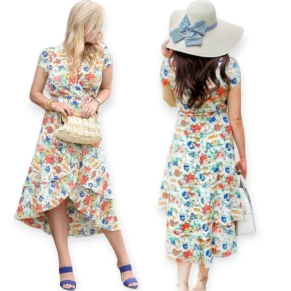 Wayf Oleander Floral Wrap Midi Dress with Ruffle Tiered Asymmetrical Hem XS - Picture 1 of 17